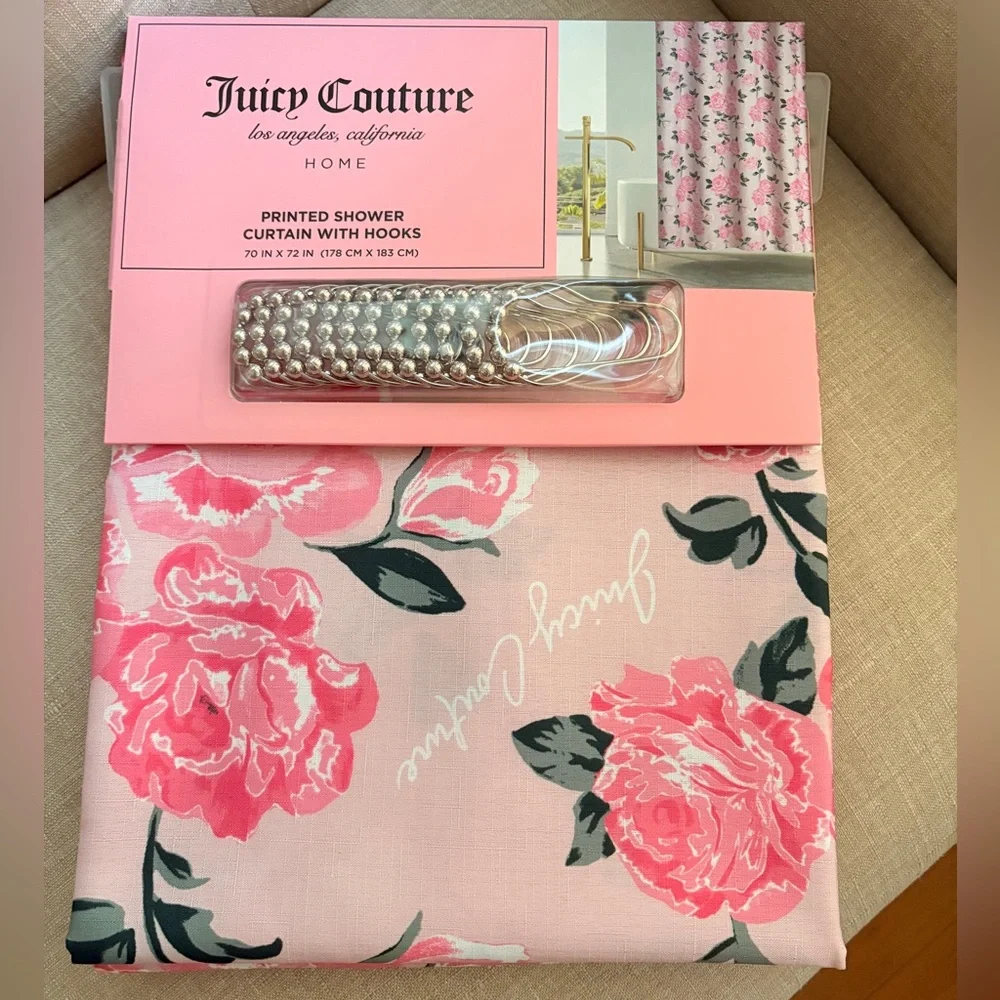 Juicy Couture Pink Shower Curtain with Hooks